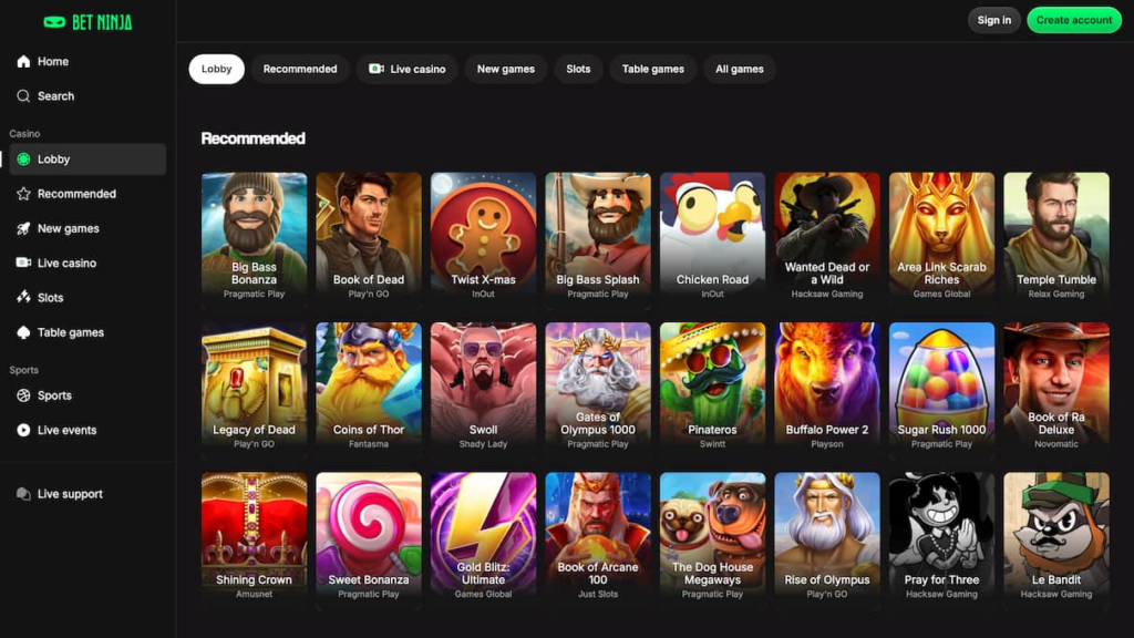 bet ninja casino games
